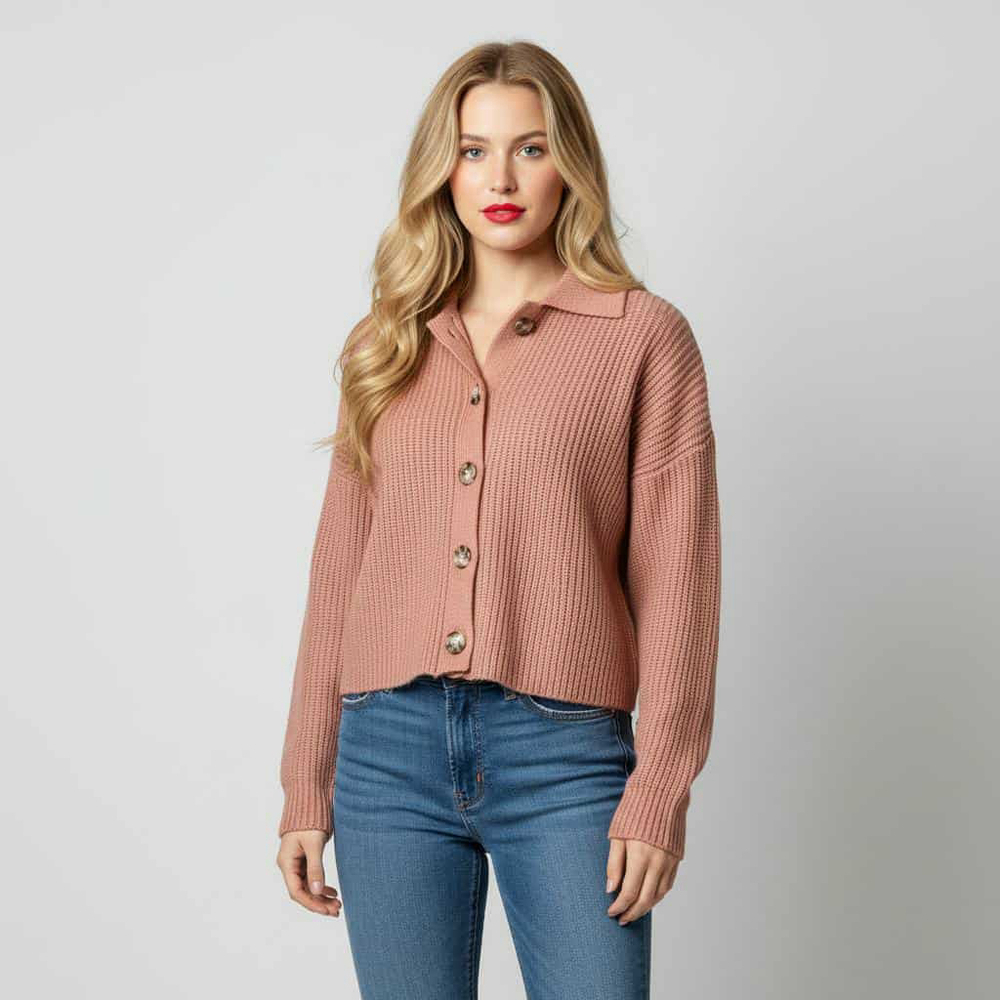 Jessica Simpson Blush Pink Knit Button Down Cropped Collared Sweater Size Small